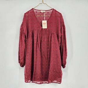 Entro Burgundy Swiss Dot Babydoll Dress Size Medium NWT